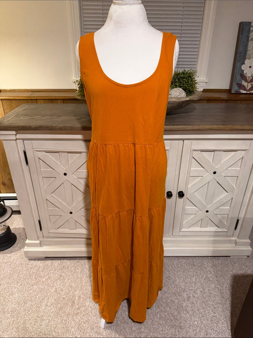 Women's Orange Scoop Neck Tiered Maxi Dress